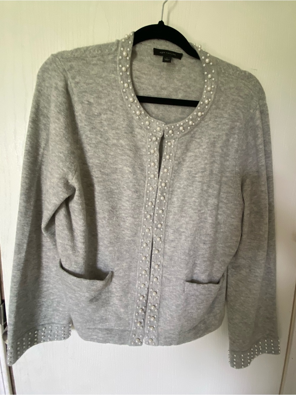 Anne Klein Light Gray Pearl-Embellished Cardigan